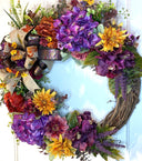 Fall Wreath Front Door, Fall Hydrangea & Aster wreath, Designer Wreath, Purple, Orange, Gold Fall Wreath, wreath with bow