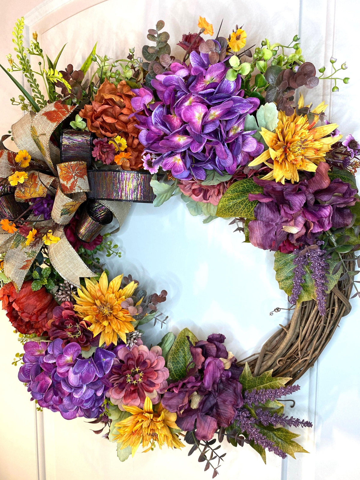 Fall Wreath Front Door, Fall Hydrangea & Aster wreath, Designer Wreath, Purple, Orange, Gold Fall Wreath, wreath with bow