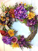 Fall Wreath Front Door, Fall Hydrangea & Aster wreath, Designer Wreath, Purple, Orange, Gold Fall Wreath, wreath with bow