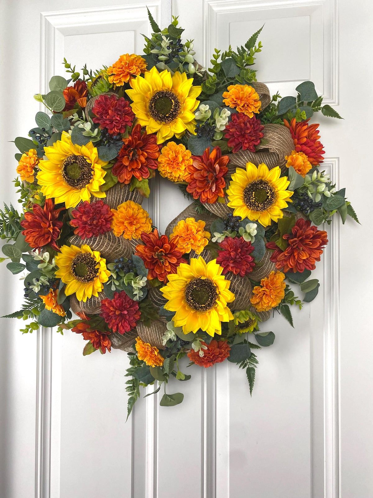 Fall Sunflower Dahlia Wreath: Farmhouse Burlap Front Door Decor