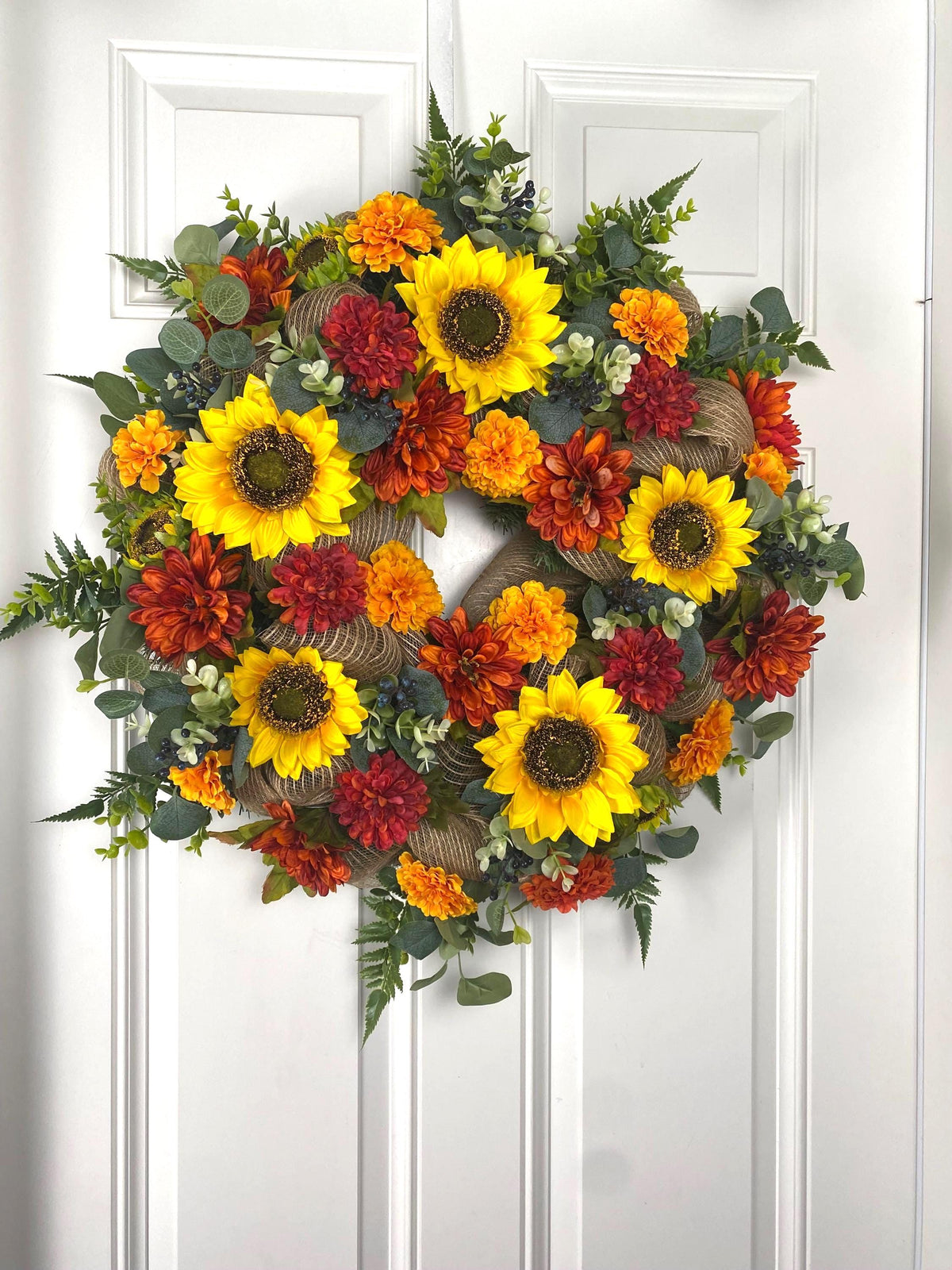Fall Sunflower Dahlia Wreath: Farmhouse Burlap Front Door Decor