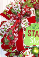 Green Monster Christmas Wreath, Whimsical Red Peppermint Holiday Front Door Decor