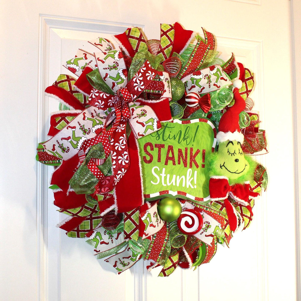 Green Monster Christmas Wreath, Whimsical Red Peppermint Holiday Front Door Decor