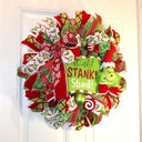 Green Monster Christmas Wreath, Whimsical Red Peppermint Holiday Front Door Decor