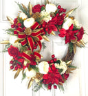 Elegant Poinsettia Christmas Wreath with Golden Leaves & Cedar Accents