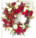 Elegant Poinsettia Christmas Wreath with Golden Leaves & Cedar Accents