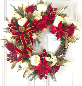 Elegant Poinsettia Christmas Wreath with Golden Leaves & Cedar Accents