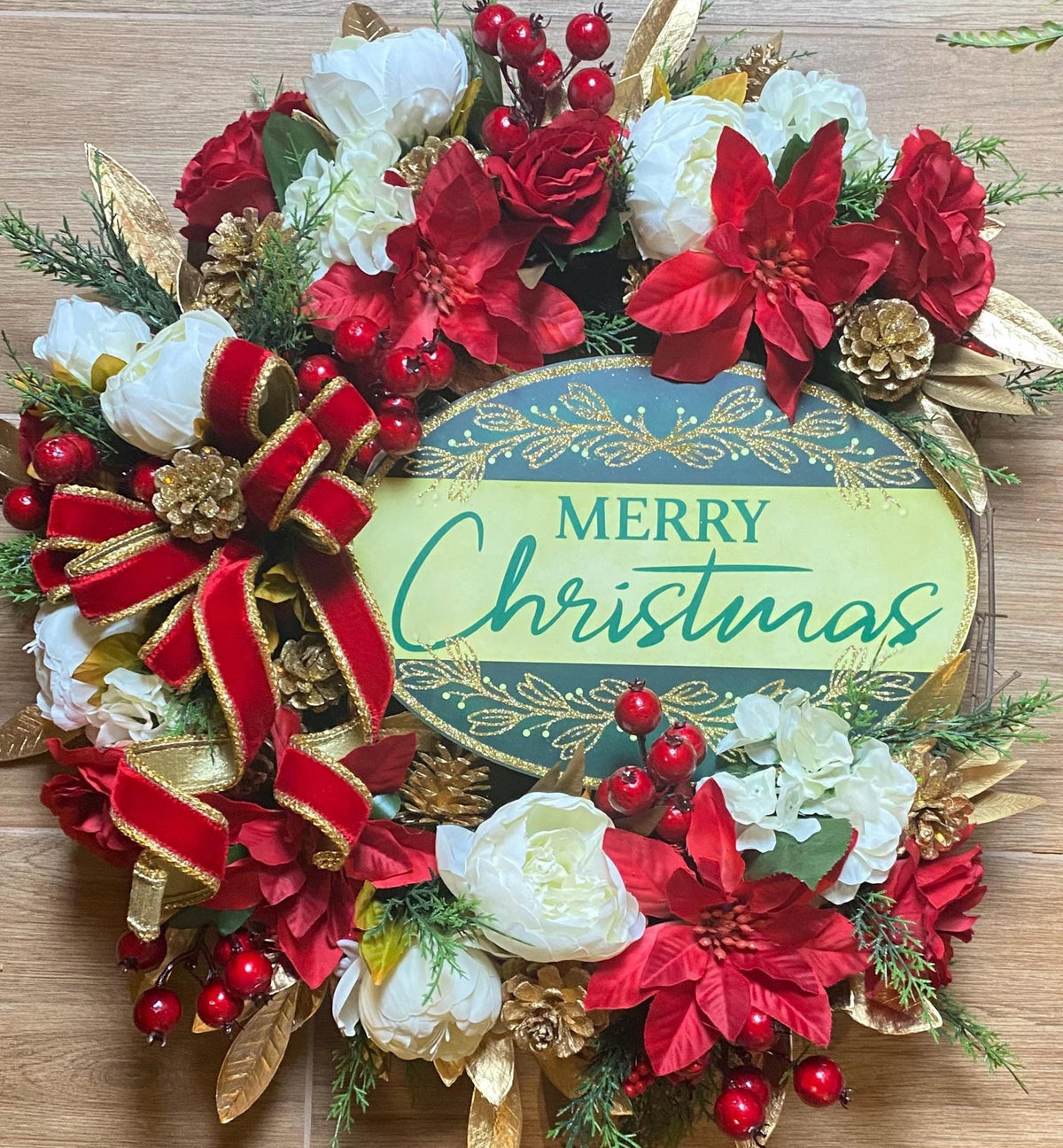 Elegant Poinsettia Christmas Wreath with Golden Leaves & Cedar Accents