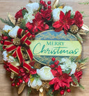 Elegant Poinsettia Christmas Wreath with Golden Leaves & Cedar Accents