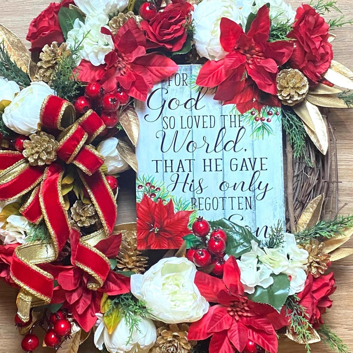 Elegant Poinsettia Christmas Wreath with Golden Leaves & Cedar Accents
