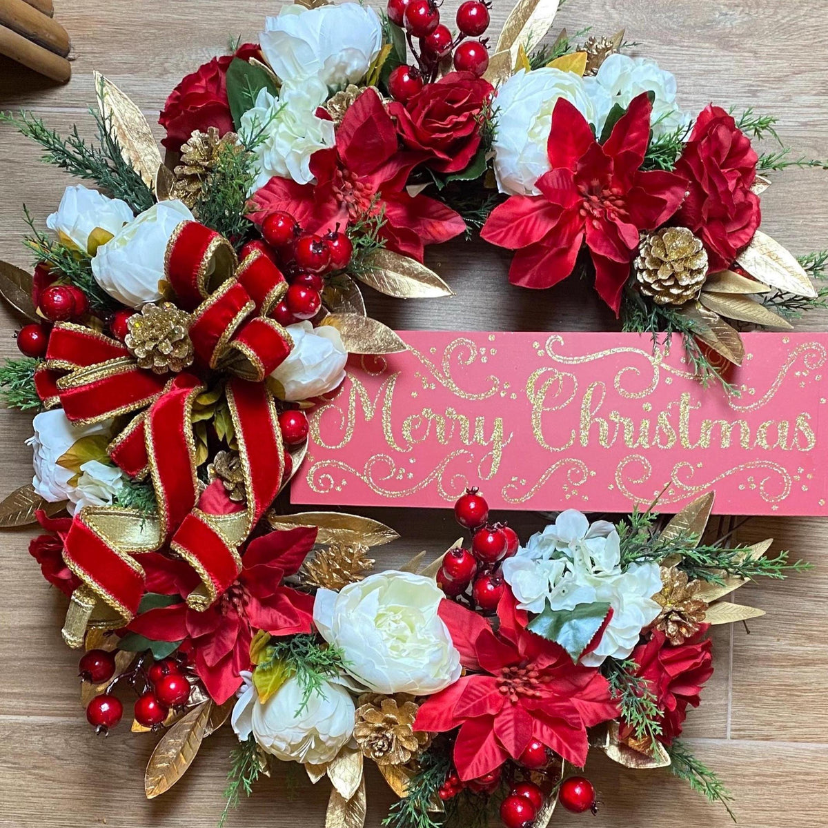 Elegant Poinsettia Christmas Wreath with Golden Leaves & Cedar Accents
