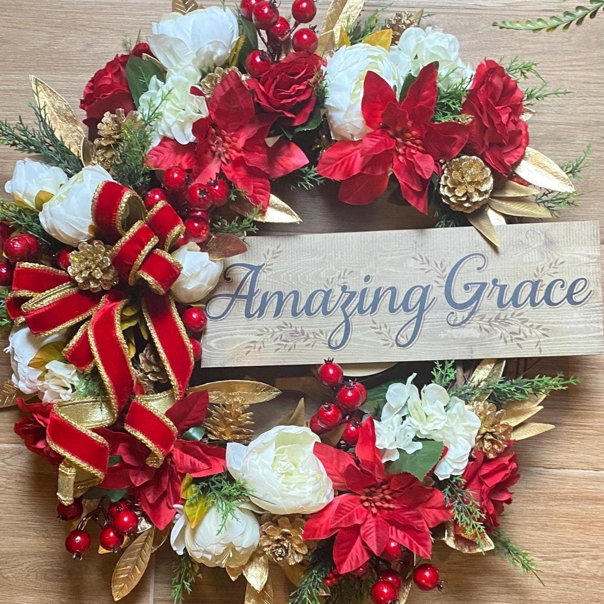 Elegant Poinsettia Christmas Wreath with Golden Leaves & Cedar Accents
