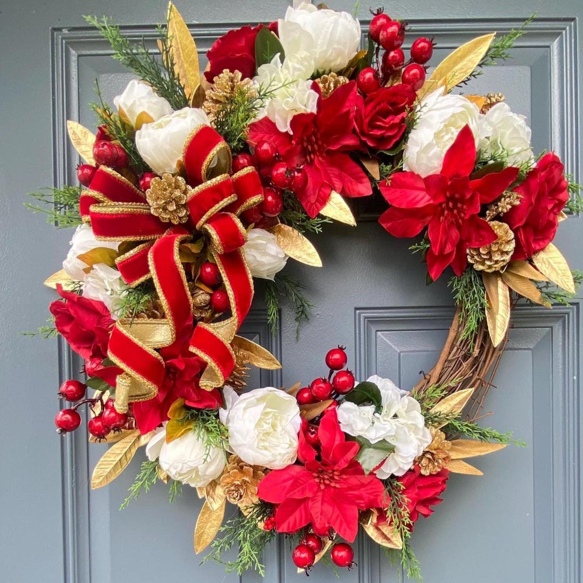 Elegant Poinsettia Christmas Wreath with Golden Leaves & Cedar Accents