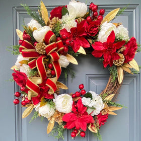 Elegant Poinsettia Christmas Wreath with Golden Leaves & Cedar Accents