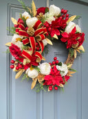 Elegant Poinsettia Christmas Wreath with Golden Leaves & Cedar Accents