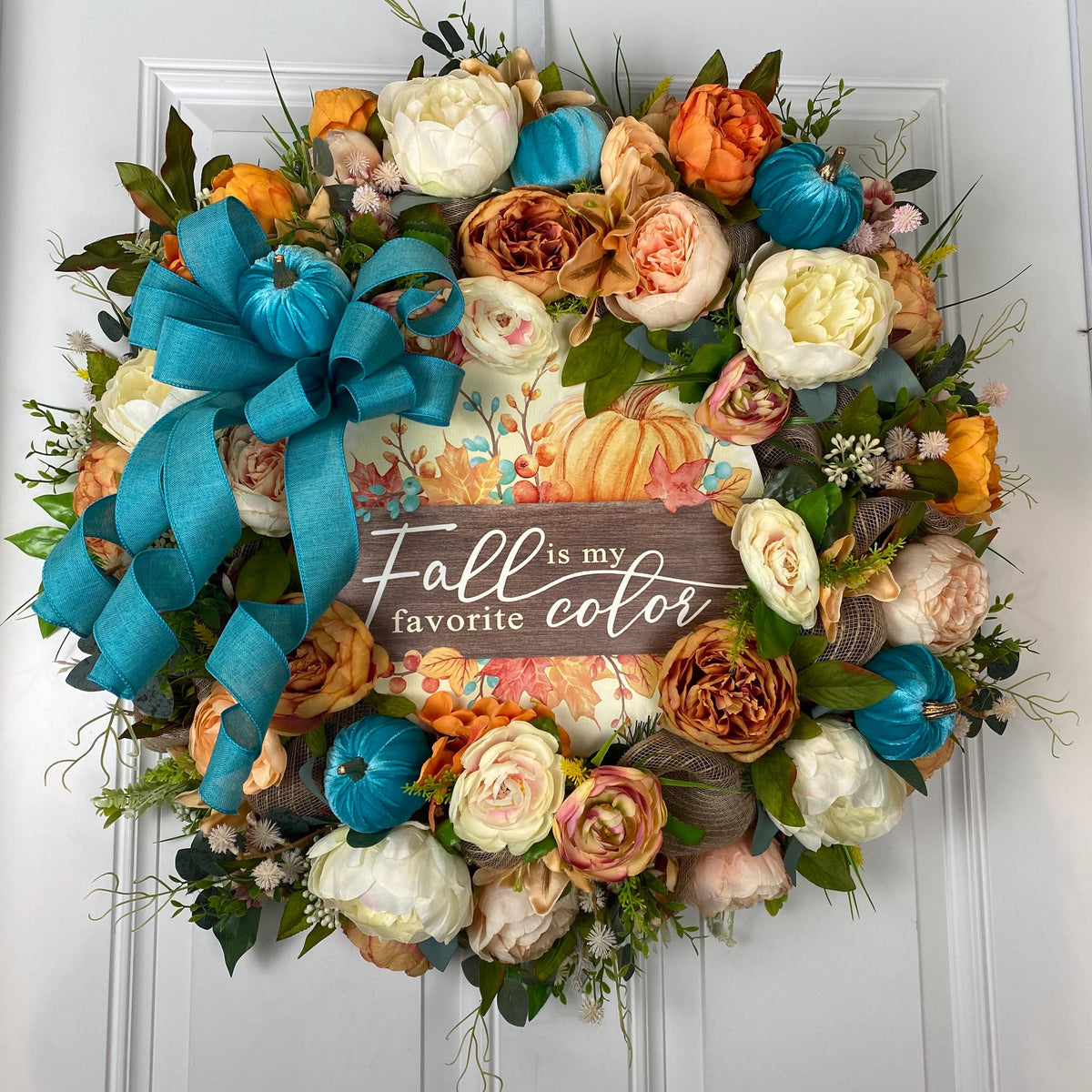 Teal Turquoise Fall Pumpkin Floral Peony-Ranunculus Wreath