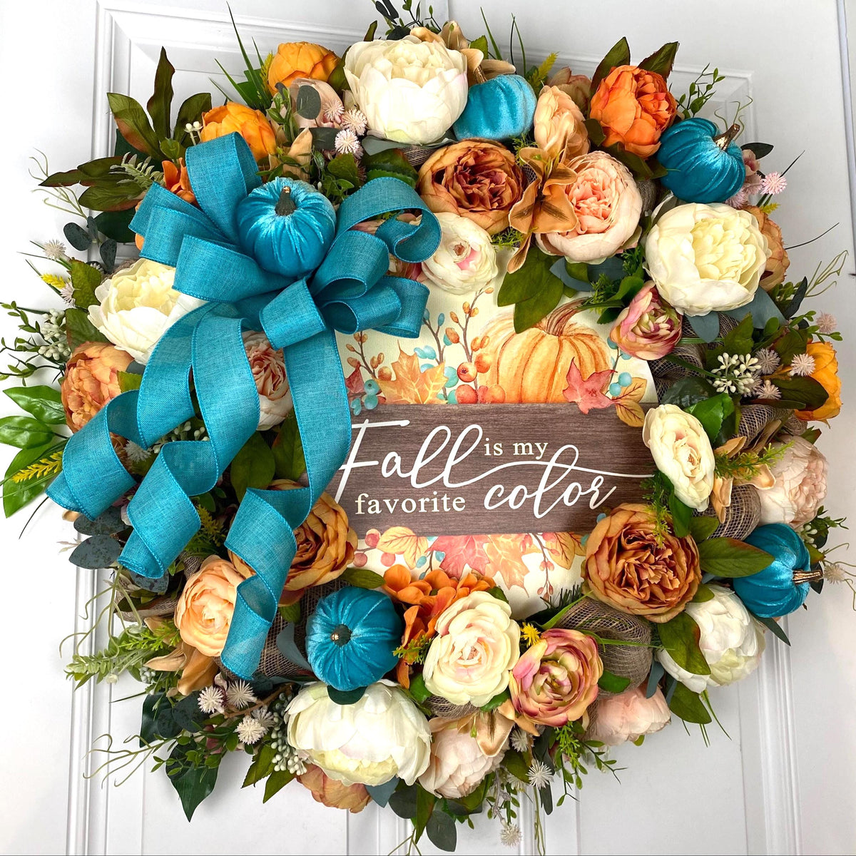 Teal Turquoise Fall Pumpkin Floral Peony-Ranunculus Wreath