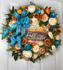 Teal Turquoise Fall Pumpkin Floral Peony-Ranunculus Wreath