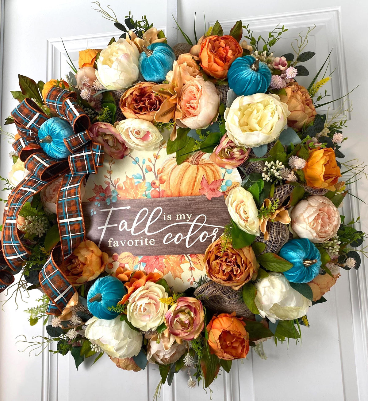 Teal Turquoise Fall Pumpkin Floral Peony-Ranunculus Wreath