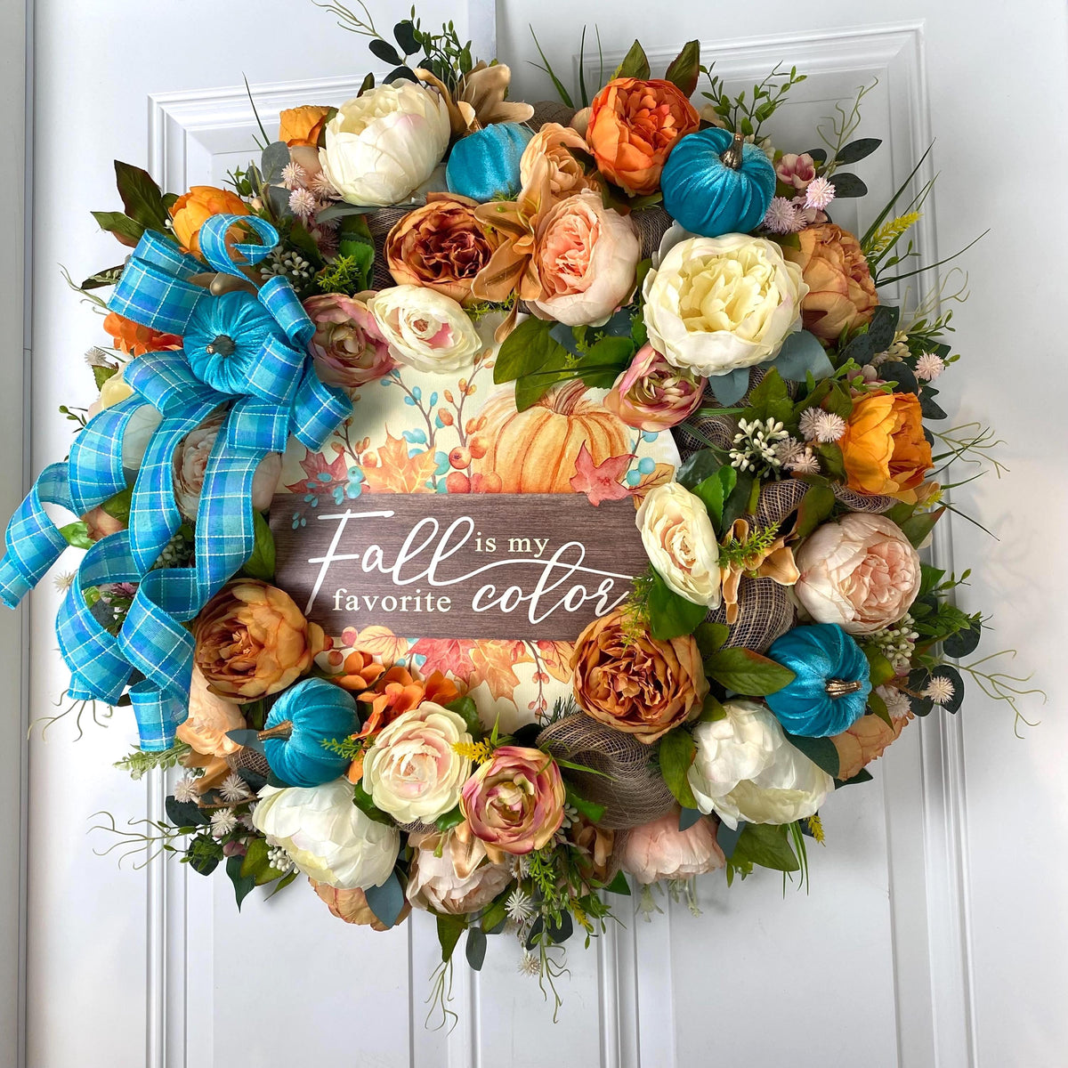 Teal Turquoise Fall Pumpkin Floral Peony-Ranunculus Wreath