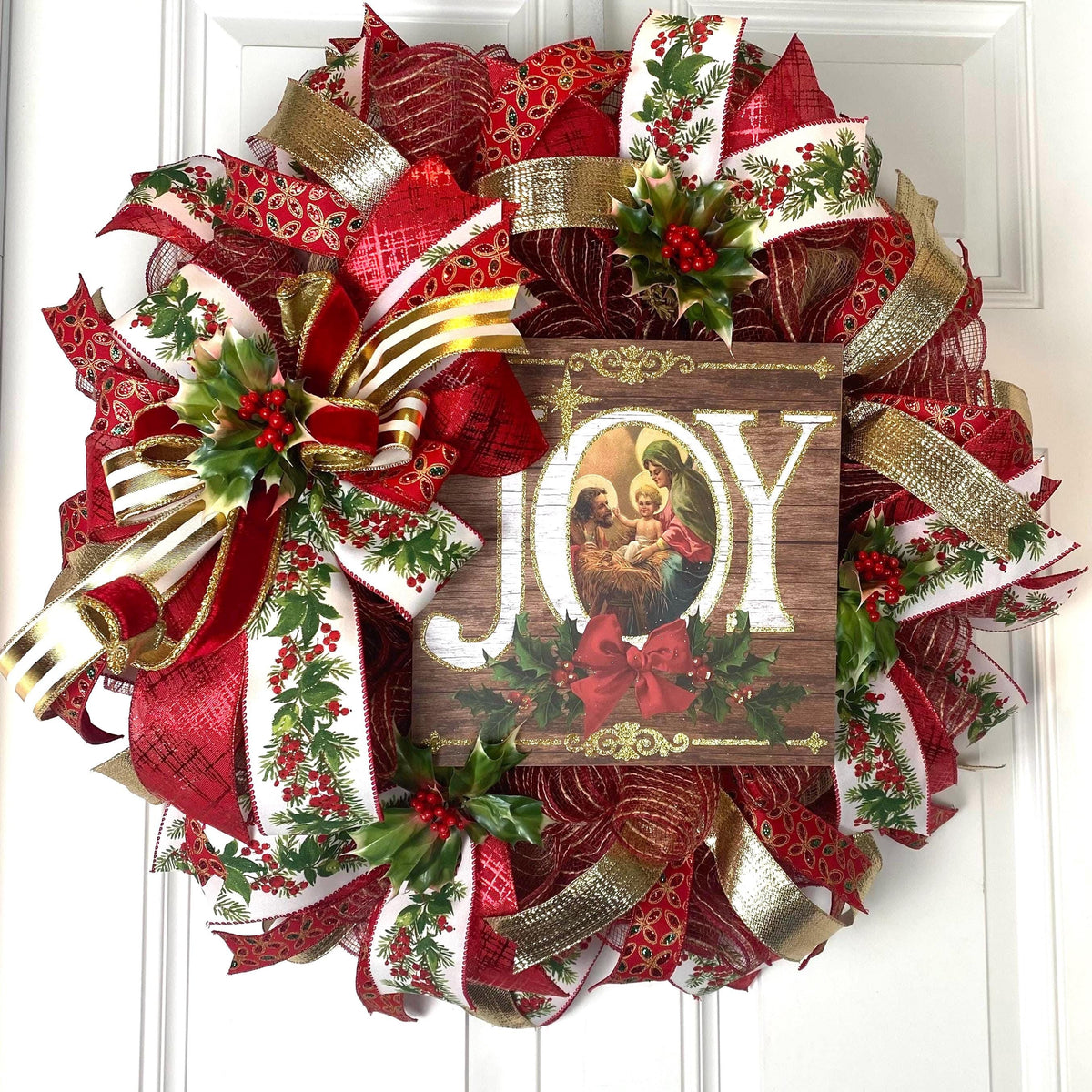 Elegant Gold and Red Nativity Wreath with Holly Berry Embellishments