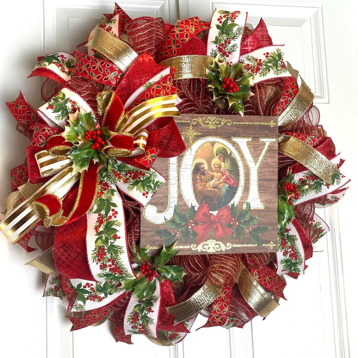 Elegant Gold and Red Nativity Wreath with Holly Berry Embellishments