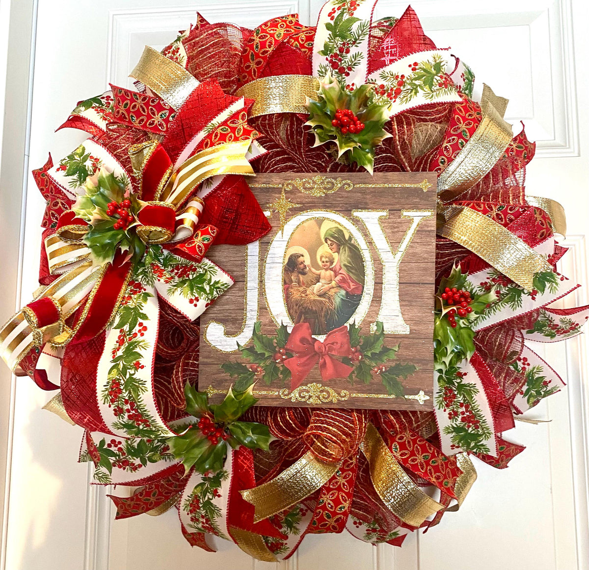 Elegant Gold and Red Nativity Wreath with Holly Berry Embellishments
