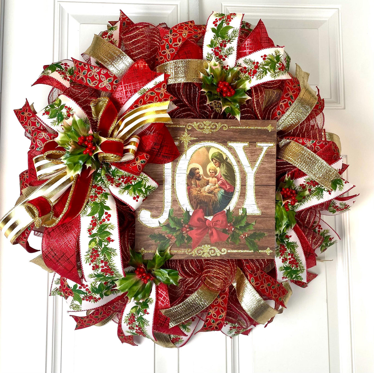 Elegant Gold and Red Nativity Wreath with Holly Berry Embellishments