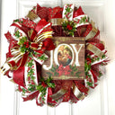 Elegant Gold and Red Nativity Wreath with Holly Berry Embellishments
