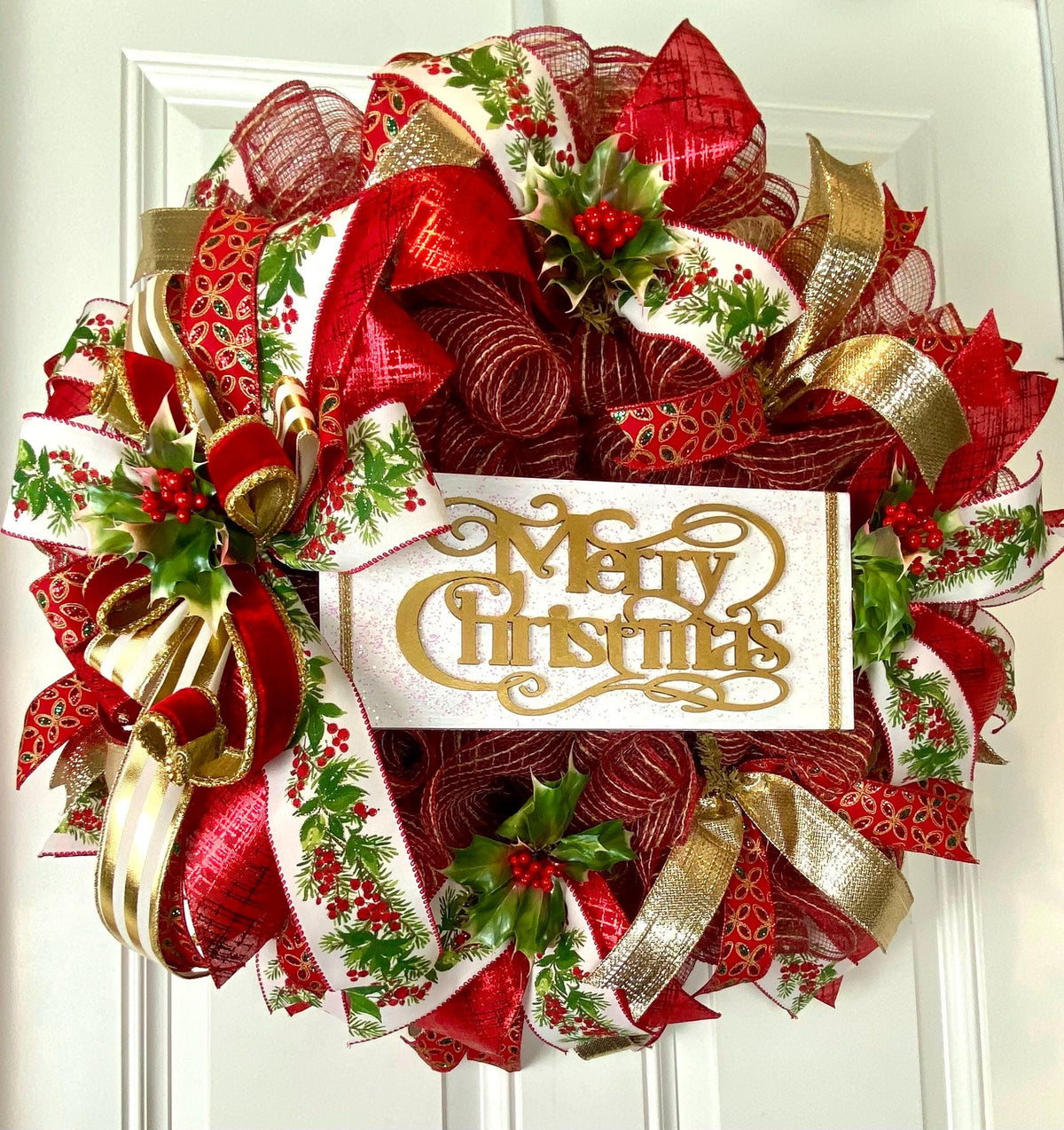 Elegant Gold and Red Nativity Wreath with Holly Berry Embellishments