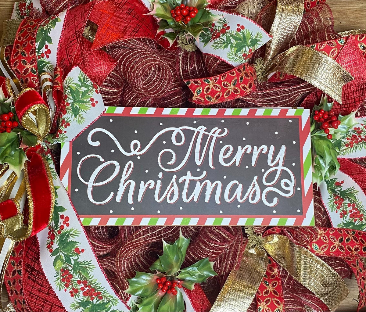 Elegant Gold and Red Nativity Wreath with Holly Berry Embellishments