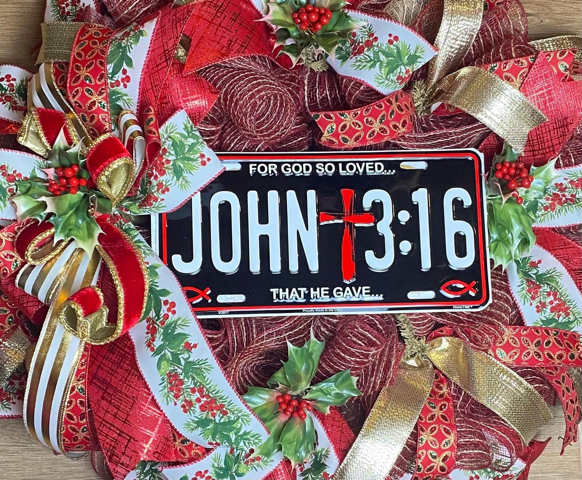 Elegant Gold and Red Nativity Wreath with Holly Berry Embellishments