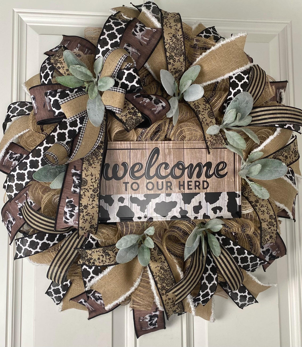 12" Welcome to our Herd Black Cow Sign / Embossed Tin Wreath Sign