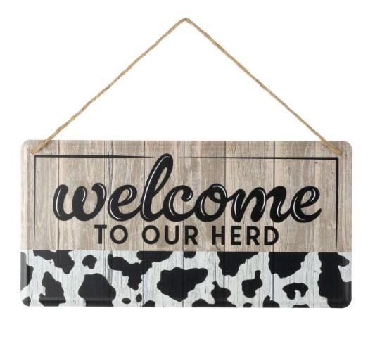 12" Welcome to our Herd Black Cow Sign / Embossed Tin Wreath Sign