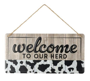 12" Welcome to our Herd Black Cow Sign / Embossed Tin Wreath Sign