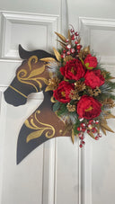 Christmas Horse Wall Decor, Leather Look Peony Horse Head Wreath, Wall Decor
