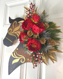 Christmas Horse Wall Decor, Leather Look Peony Horse Head Wreath, Wall Decor
