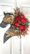 Christmas Horse Wall Decor, Leather Look Peony Horse Head Wreath, Wall Decor