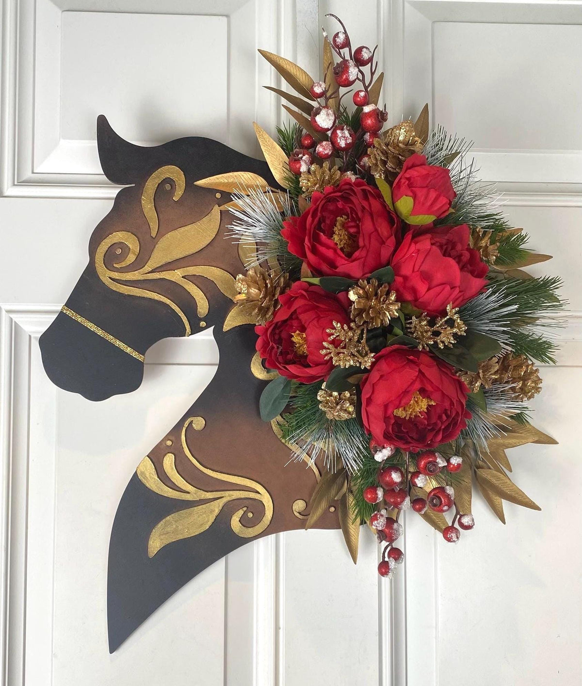 Christmas Horse Wall Decor, Leather Look Peony Horse Head Wreath, Wall Decor