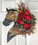 Christmas Horse Wall Decor, Leather Look Peony Horse Head Wreath, Wall Decor