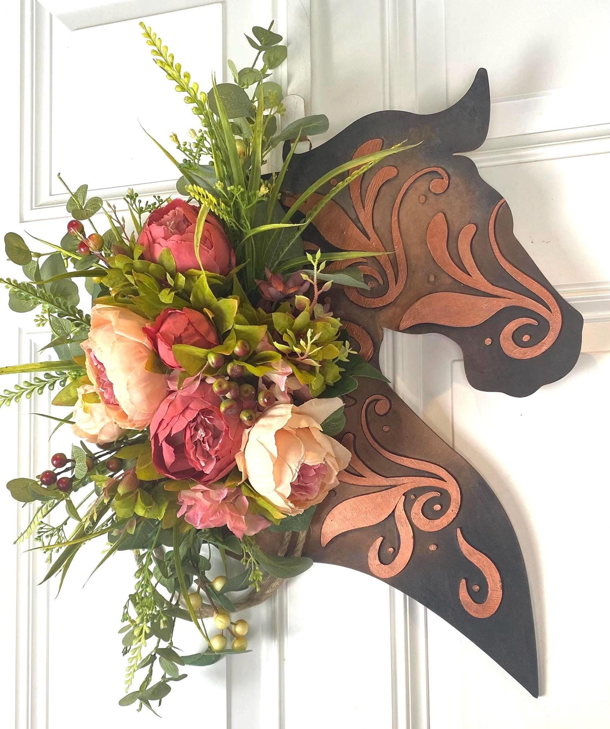 Leather Look Peony Horse Head Wreath, Wall Decor