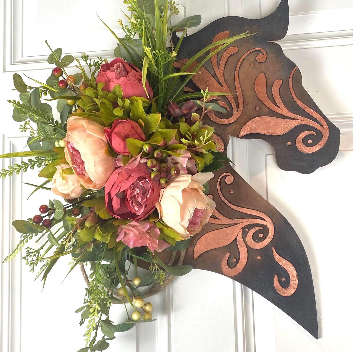 Leather Look Peony Horse Head Wreath, Wall Decor