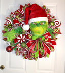 Whimsical Christmas Wreath, Green Monster Wreath, Mean One, Red and Green Holiday Candy Wreath, Holiday Fantasy