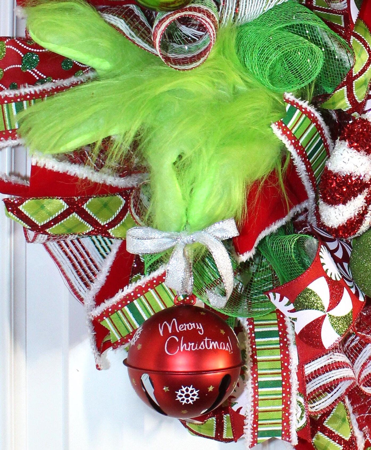 Whimsical Christmas Wreath, Green Monster Wreath, Mean One, Red and Green Holiday Candy Wreath, Holiday Fantasy