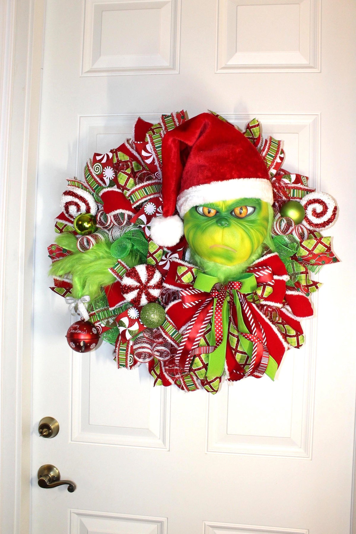Whimsical Christmas Wreath, Green Monster Wreath, Mean One, Red and Green Holiday Candy Wreath, Holiday Fantasy