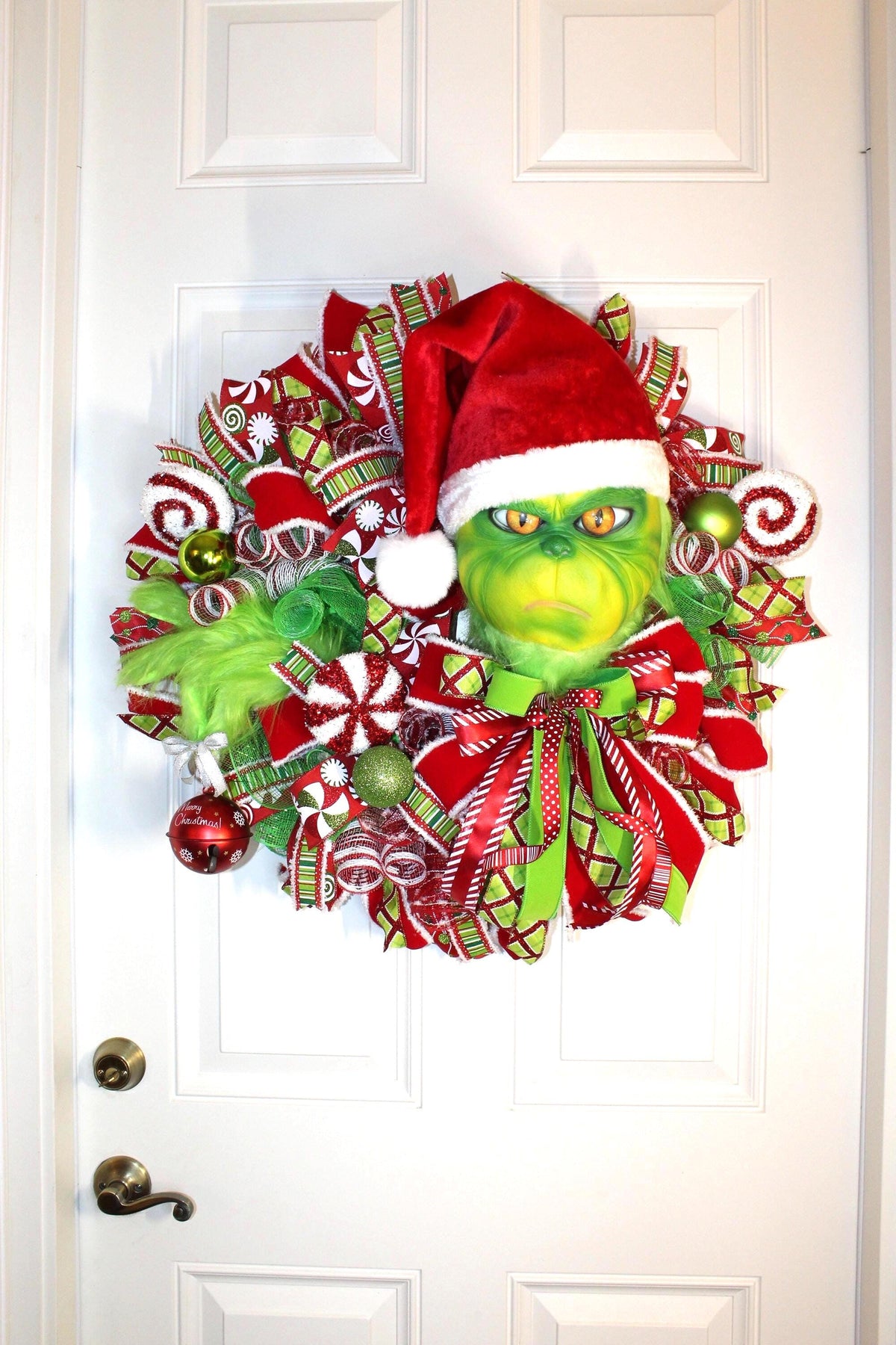 Whimsical Christmas Wreath, Green Monster Wreath, Mean One, Red and Green Holiday Candy Wreath, Holiday Fantasy