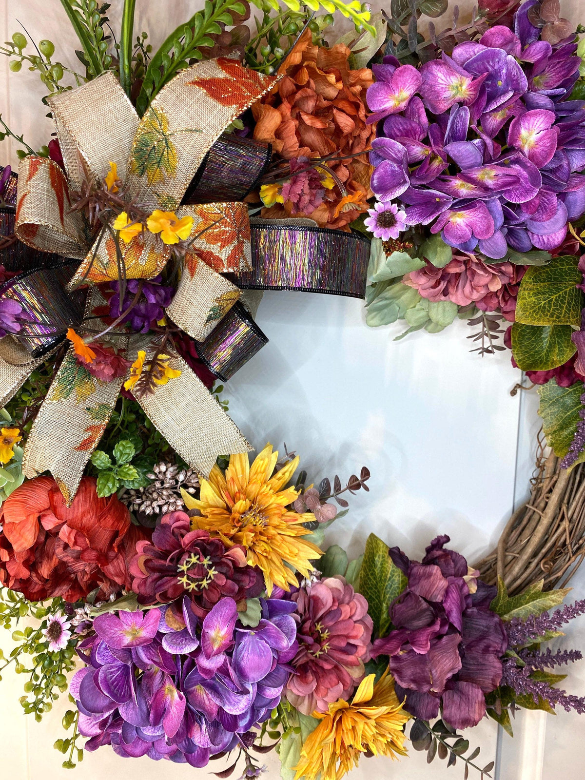 Fall Wreath Front Door, Fall Hydrangea & Aster wreath, Designer Wreath, Purple, Orange, Gold Fall Wreath, wreath with bow