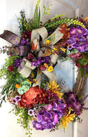Fall Wreath Front Door, Fall Hydrangea & Aster wreath, Designer Wreath, Purple, Orange, Gold Fall Wreath, wreath with bow