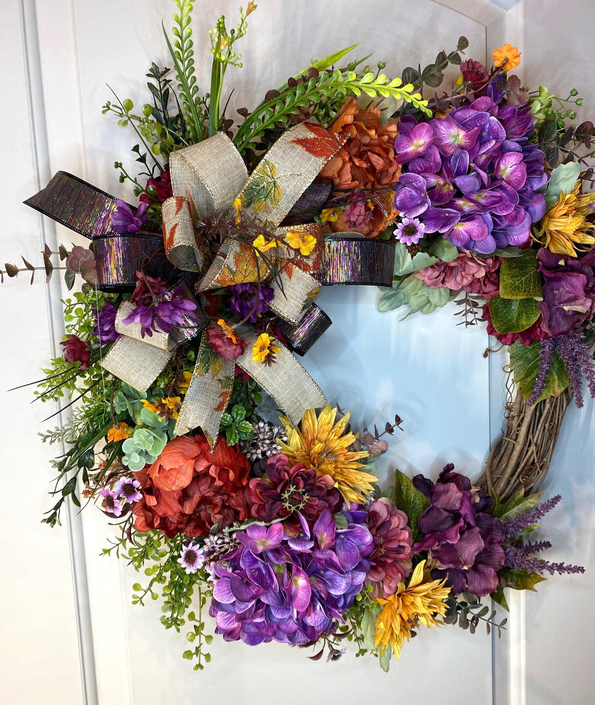 Fall Wreath Front Door, Fall Hydrangea & Aster wreath, Designer Wreath, Purple, Orange, Gold Fall Wreath, wreath with bow