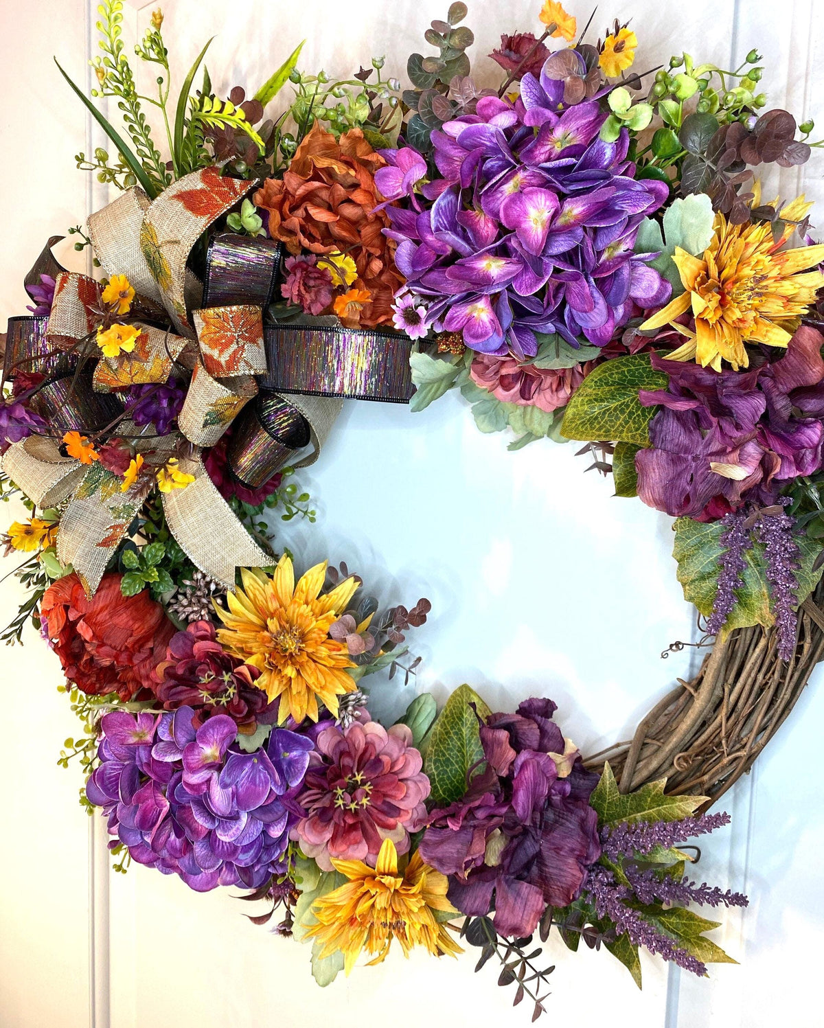 Fall Wreath Front Door, Fall Hydrangea & Aster wreath, Designer Wreath, Purple, Orange, Gold Fall Wreath, wreath with bow